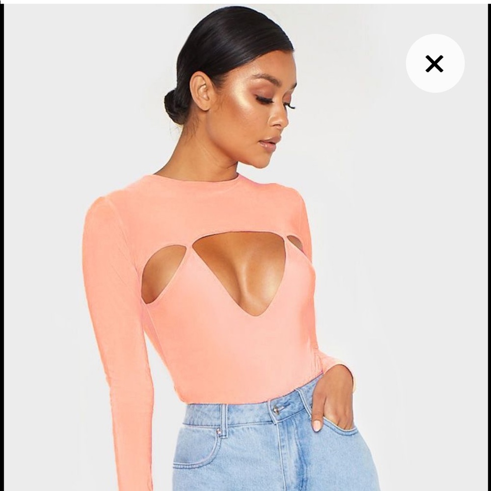 Peach Slinky Cut Out Long Sleeve Thong Bodysuit